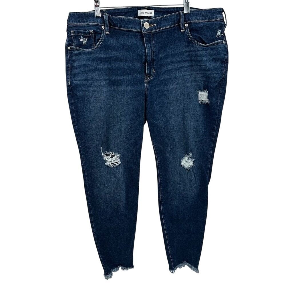 Lane Bryant Women 24 Distressed Skinny Jeans Dark Wash Raw Hem High Rise Denim
